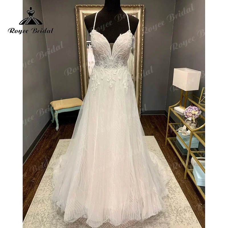 Flash Sales Today Roycebridal Vintage Beach Spaghetti Straps V Neck A Line Shiny Glitter Wedding Dress Open Back Sweep Train Lace Appliques vestidos de novia