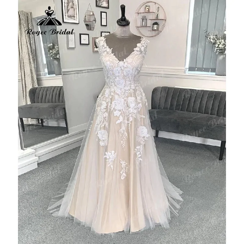 Limited Time Deal Summer Lace Floral Champagne Women Wedding Dress with V Neckline  Bridal Gwon Custom Made Backless sukienka na wesele Sexy