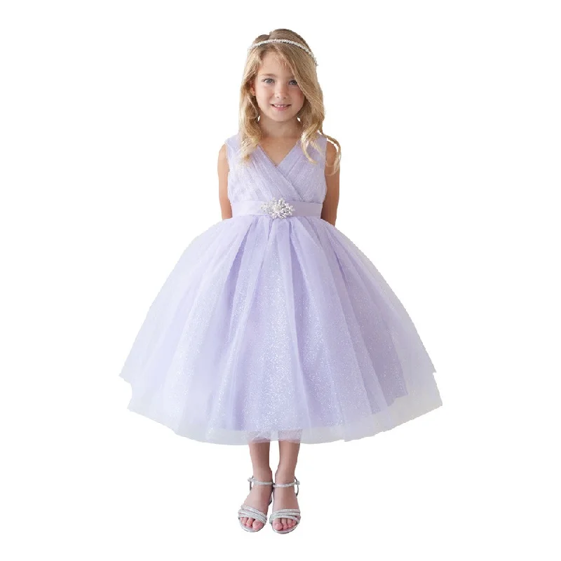 Crazy Discounts, Hurry Up Little Girls Lilac Glitter Tulle V-Neck Rhinestone Brooch Flower Girl Dress 2-6