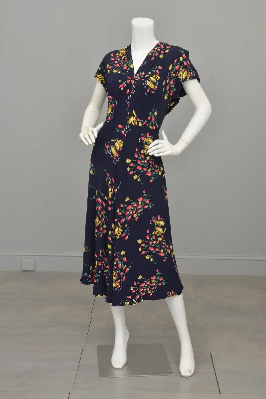 Fashion Essentials 1940s Floral Print Sheer Back Draped Novelty Print Dress