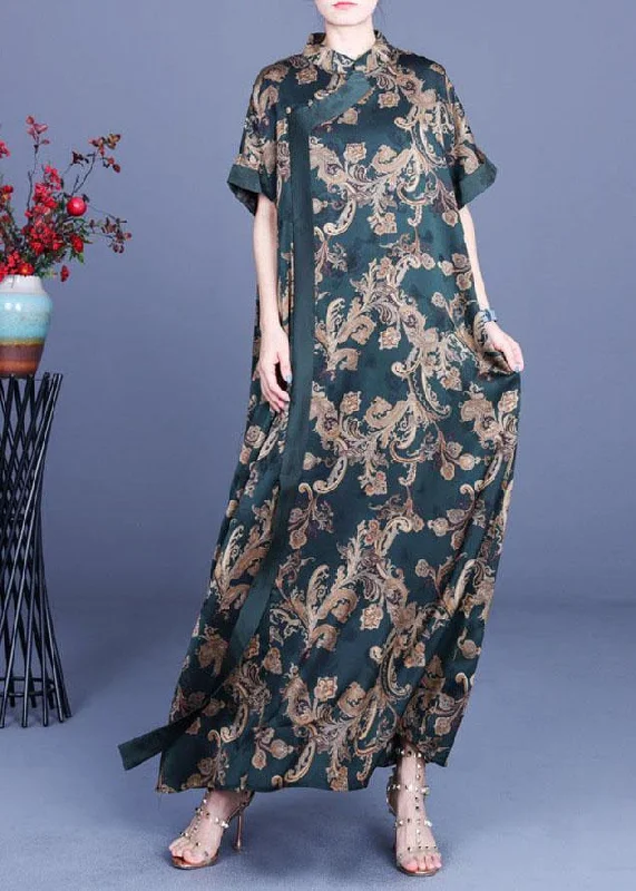 Women's Stylish Casual Garments Women Green Print Silk Oriental Vacation Dresses Summer