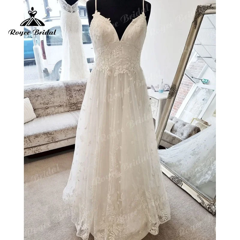 Sales Clothes Roycebridal Vestidos Spaghetti Straps A Line Boho Wedding Dress with V Neck Lace Appliques Beach 2025 Vintage Civil Wedding Gowns Open Back