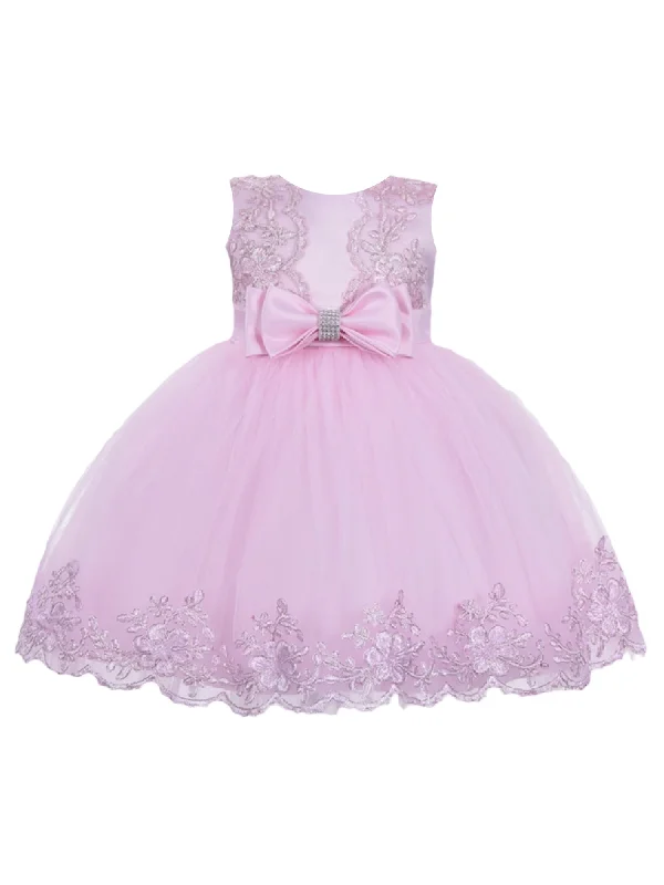 Athleisure Wear Special Offer Little Girls Pink Double Bow Embroidered Flower Girl Dress 2T-4T