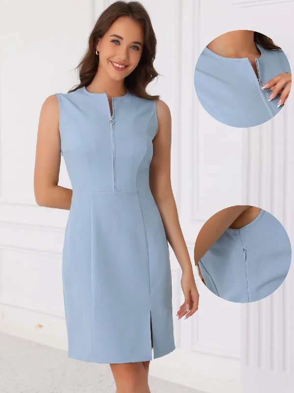 Limited Styles Sleeveless Round Neck Slit Work Office Midi Dress