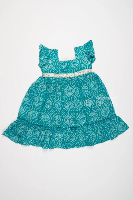 Comfortable Clothes Ruffled Babydoll Mini Dress for Girls in Teal with Intricate Print