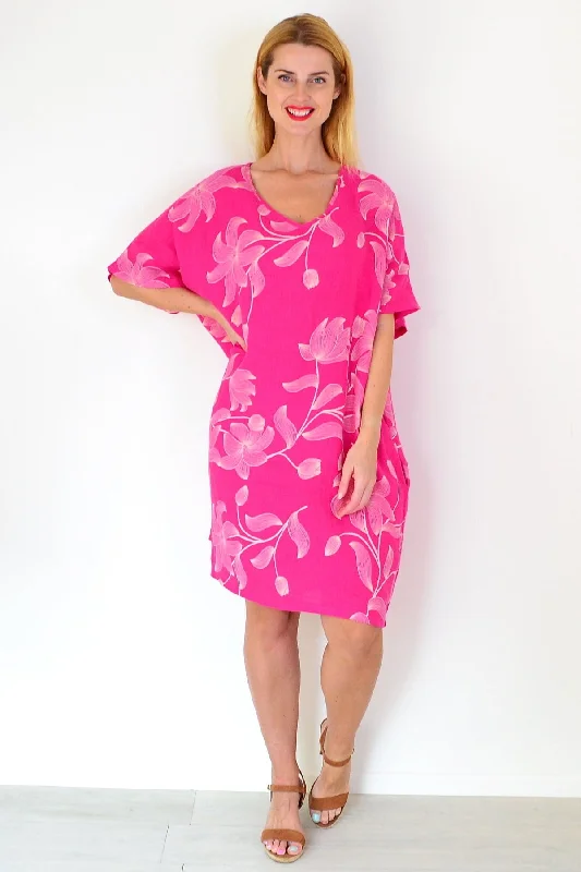 Savings That Make A Statement Pink Embroidery Print Linen Dress
