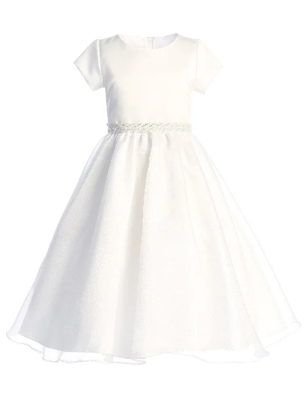 Early Bird Offer Girls White Short Sleeve Crystal Organza Plus Size Communion Dress 10.5-16.5