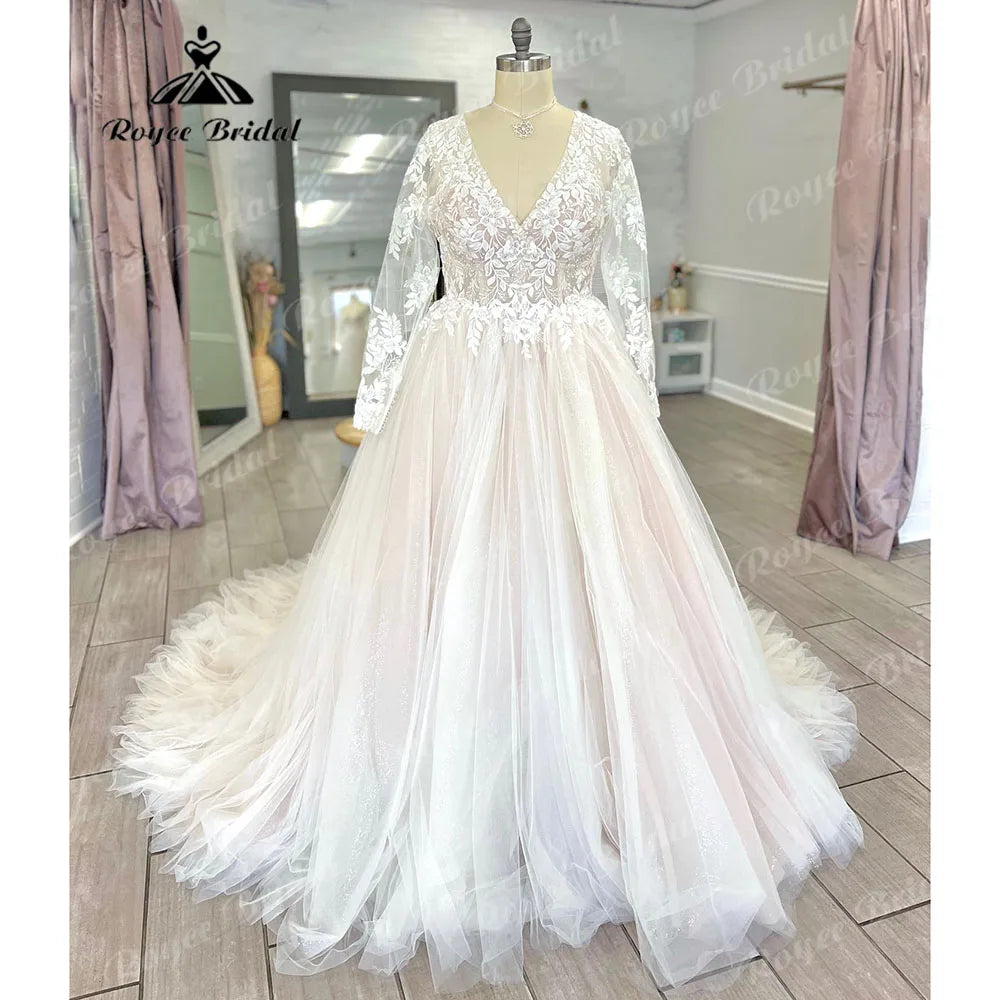 Best Deals Of The Season Vestido Novia Long Sleeve Lace Plus Size Backless V Neckline Wedding Dress for Bride  Appliques Women Wedding Gown gelinlik