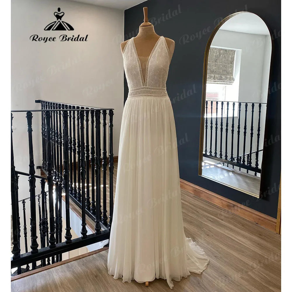 Fashionable Women’s Wardrobe Plunging Boho Deep V Neck Lace Chiffon Wedding Dress for Women 2024 Off Shoulder Beach Bridal Gown Summer abito da sposa Elegant