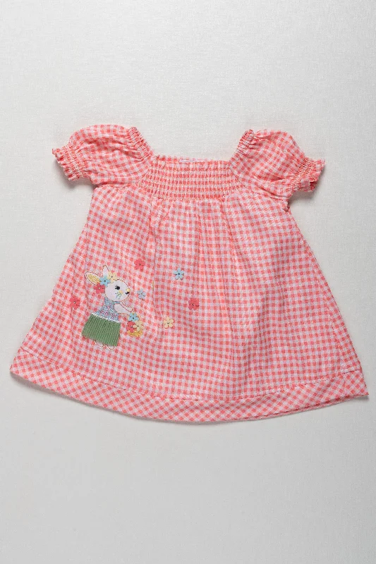 Chic Style Adorable Girls Checkered Cotton Frock with Bunny Embroidery