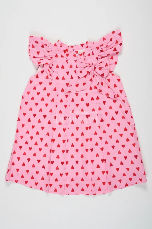 Chic And Comfortable Pure Cotton Baby Dresses Frocks for Girls in Pink with Flutter Sleeves and Heart Print