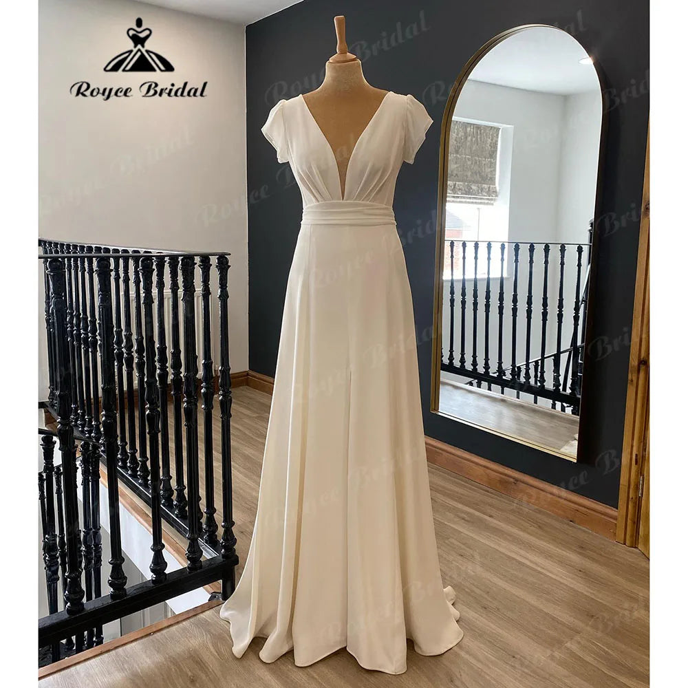 Unique Women’s Fashion Pieces brautkleid Summer Plunging Soft Satin Wedding Dress with V Neck 2024 Women Bridal Gown with Cap Sleeve Boho hochzeitskleid Beach