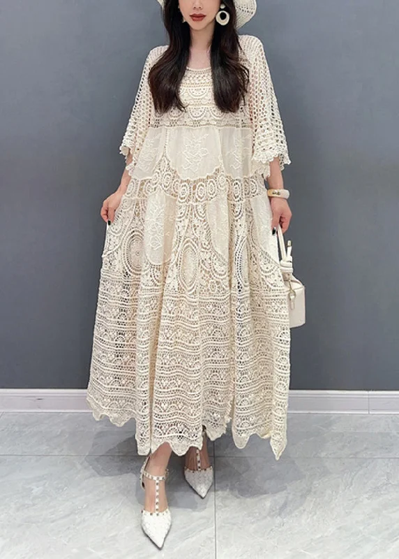 Huge Discounts This Week Style Beige O Neck Hollow Out Patchwork Lace Dress Summer