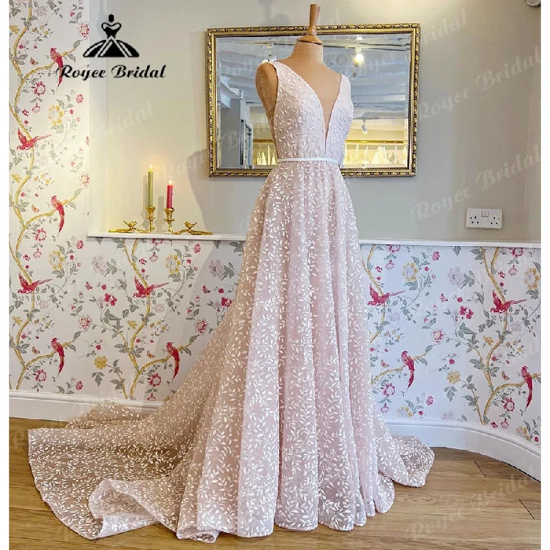 Fashion Sale Vestidos Novia Sparkly Pink Floral Lace Boho Sleeveless A Line Wedding Dress 2025 Bridal Wedding Receipt Dinner Party Gowns