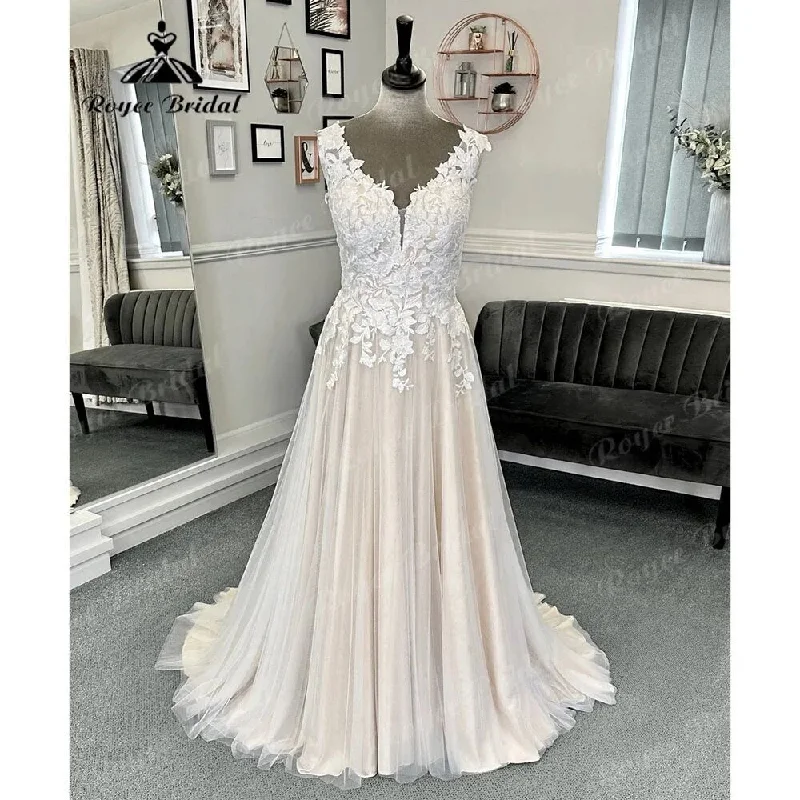 Mega Sale Vestido Novia Robe Civil Lace Beach Champagne Wedding Dress with V Neck  Women Bridal Gown Robe de mariee Summer Roycebridal