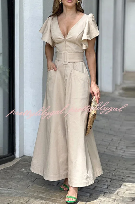 Relaxed Style Solid Ruffle Sleeve V Neck High Waist Pocket Maxi Dress