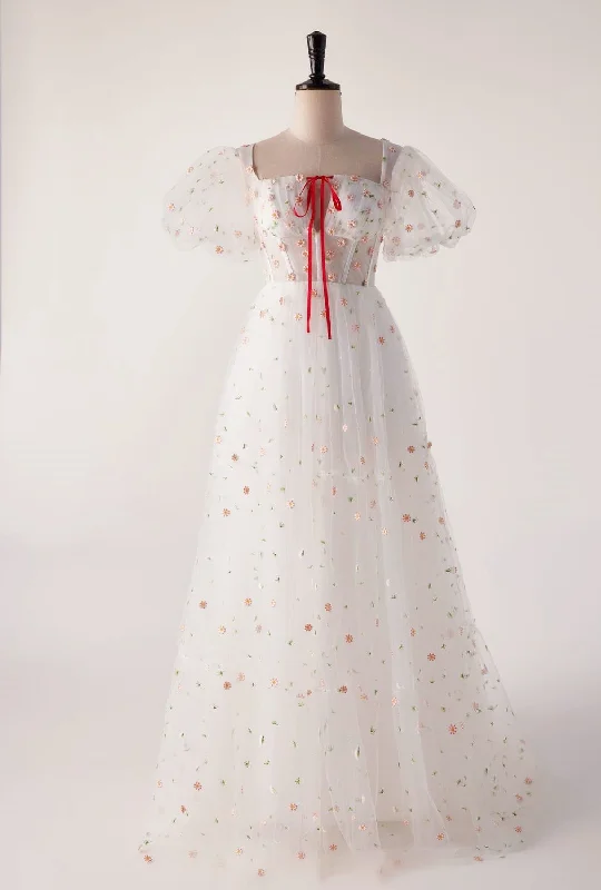 Latest Fashion for Women Short Sleeves White Floral Long Formal Gown