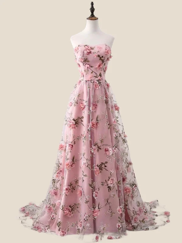 Feminine Dresses for Women in Bold Prints Strapless Pink 3D Floral A-line Long Formal Dress