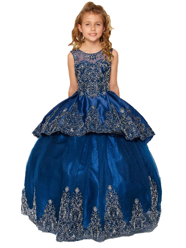 Bid Farewell To The Old Season Little Girls Navy Metallic Coiled Embroidered Stone Flower Girl Dress 2-6