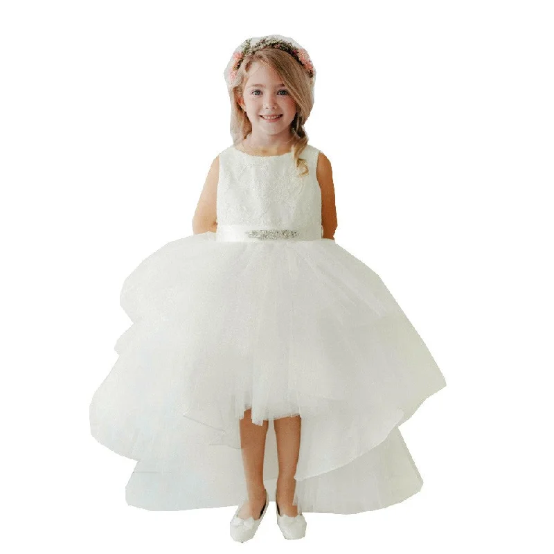 New Styles Just In Little Girls Ivory Lace Bodice Beaded Sash Hi-Low Flower Girl Dress 2-6