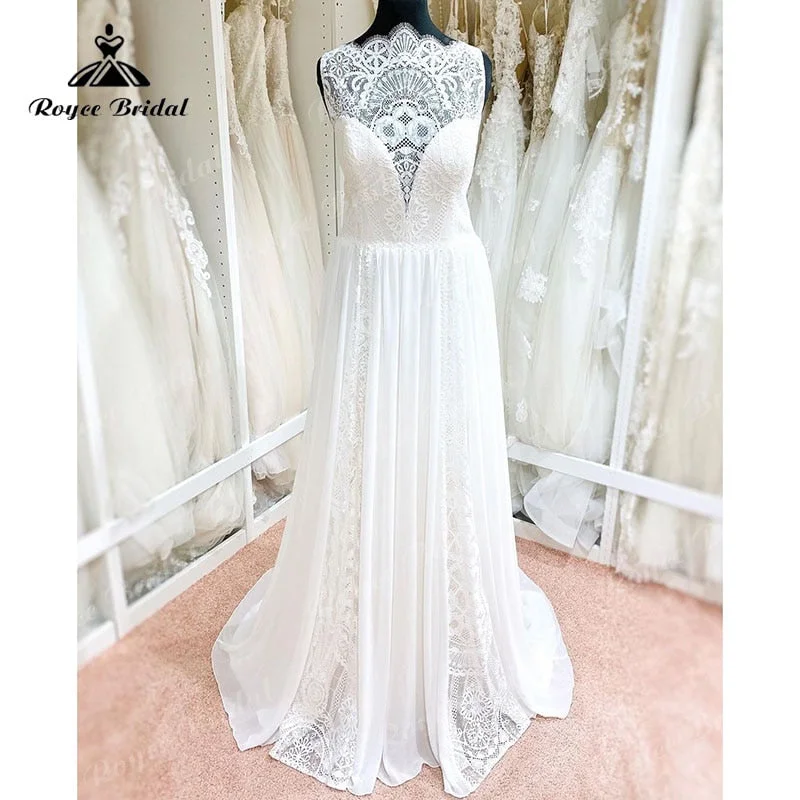 Vibrant Femme Fashion Robe Mariage A Line Scalloped Neck Wedding Dress Lace Chiffon Sleeveless Illusion Bohemian Bridal Gowns robe soirée mariage