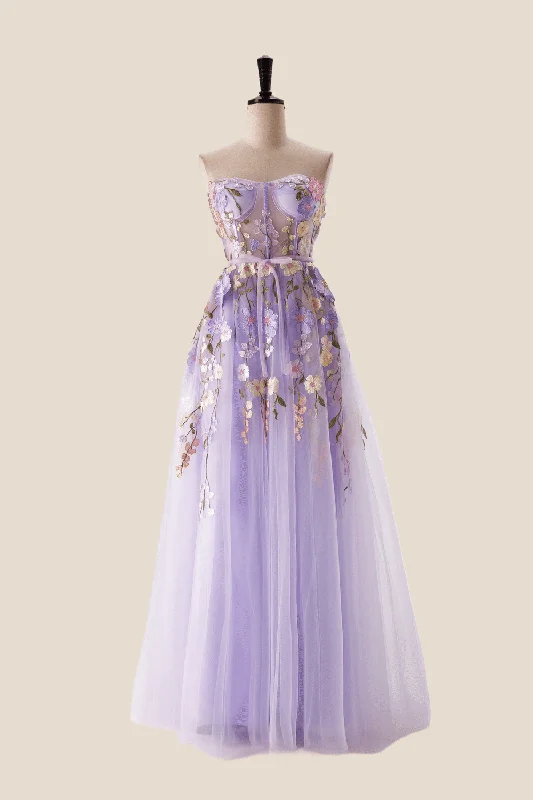 High-End Women’s Apparel Lavender Floral Corset A-line Long Dress