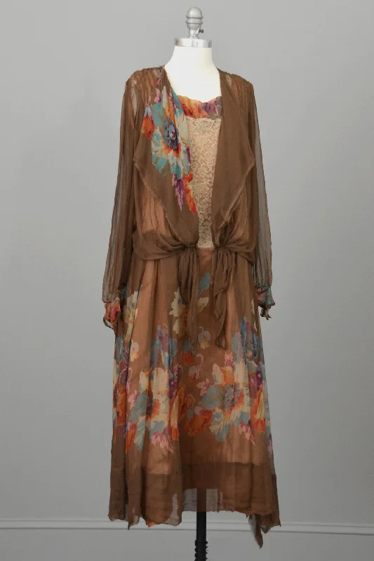 City Fashion 1920s Mocha Chiffon and Lace Vintage Flapper Dress with Vibrant Floral Print