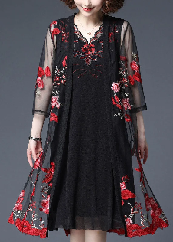 Clothes Sales Women Red Floral Embroideried Tulle Cardigans And Tank Dress Two Piece Set Summer