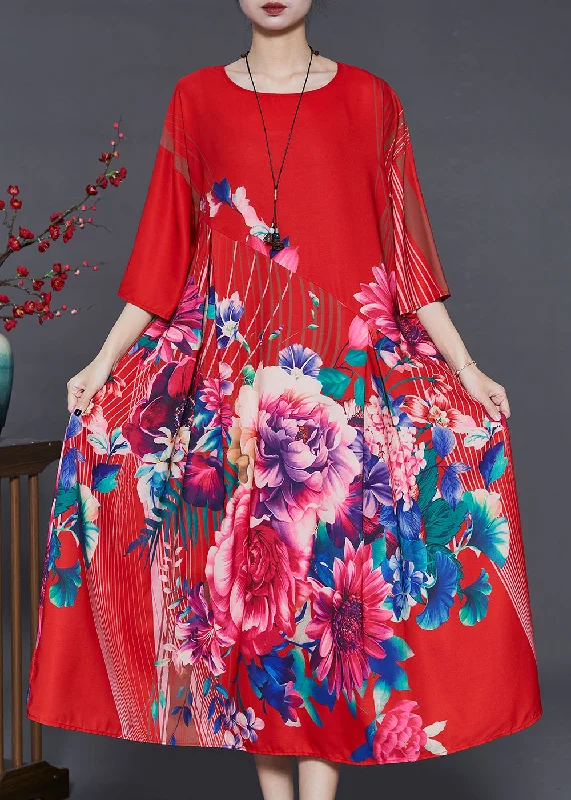 Chic Casual Style Italian Red Oversized Floral Silk Dresses Summer