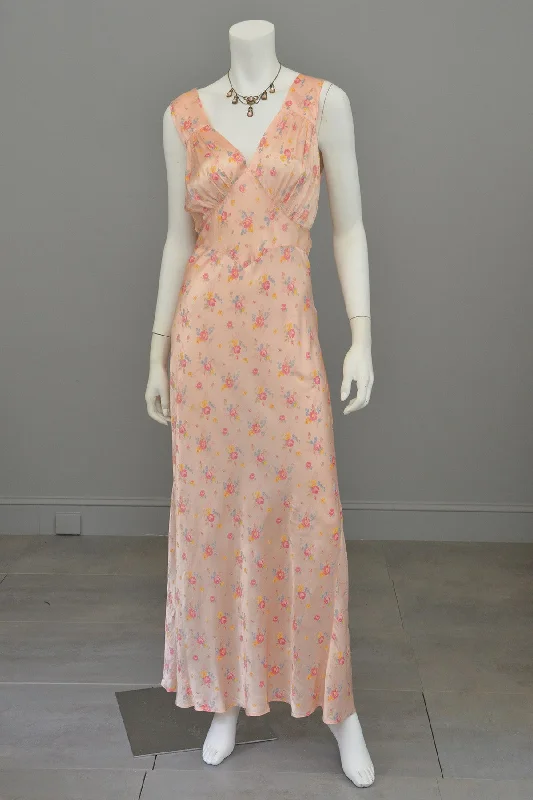 Elegant Styles 1930s Peach Floral Print Negligee Slip Dress