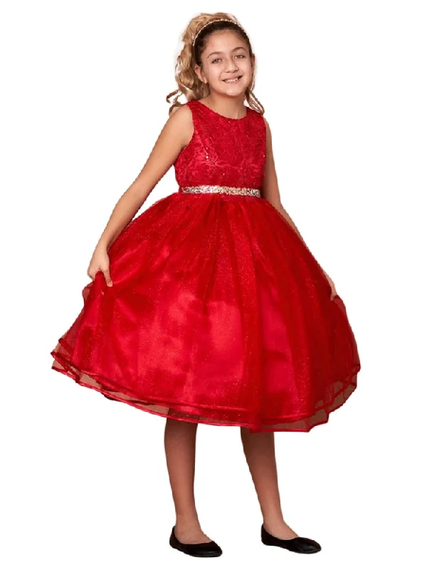 Women’s Street Style Casual Wear Little Girls Red Lace Sequin Belt Glitter Tulle Flower Girl Dress 2-6