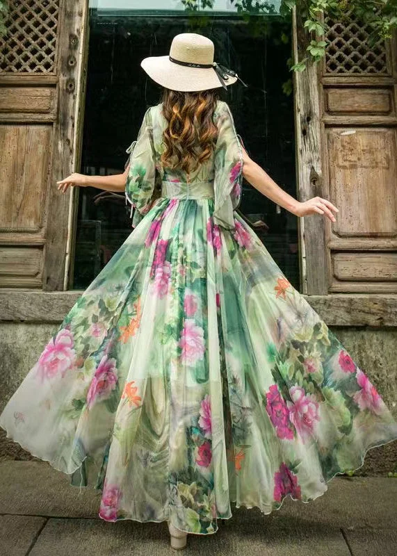 Special Occasion Wear Stylish Green Floral V Neck Chiffon Beach Long Dresses Flared Sleeve