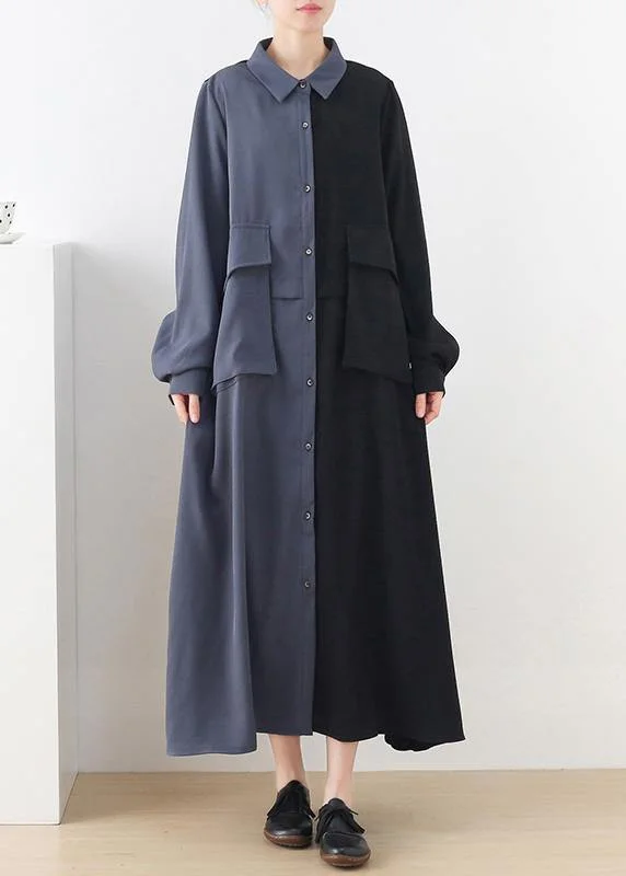 Cozy Comfort Style Sale Plus Size Black Patchwork Blue Button Chiffon Spring Dress