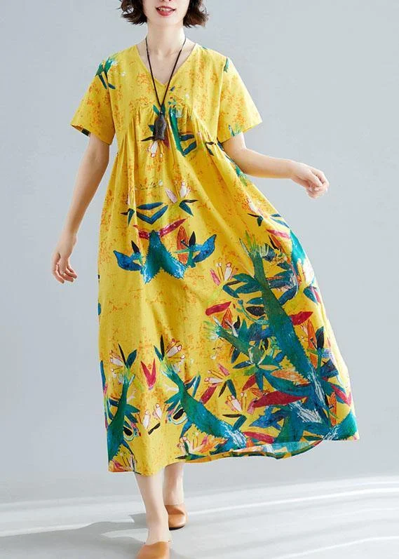 Don't Miss These Must-Have Offers Handmade yellow prints cotton clothes For Women v neck Maxi summer big hem Dresses Don't Miss These Must-Have Offers Handmade yellow prints cotton clothes For Women v neck Maxi summer big hem Dresses