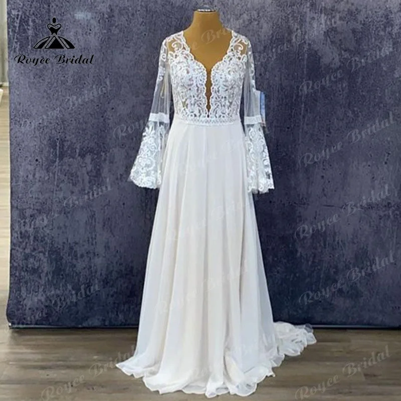 Online Clothing Boutiques Roycebridal Plus Size Long Puff Sleeve Lace Chiffon A Line Wedding Dress Backless 2025 Elegant Bridal Gown vestidos de novia Sweep Train