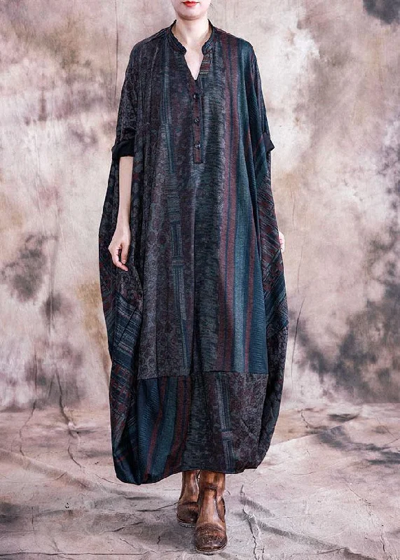 Exclusive Discount Classy blue print clothes v neck Batwing Sleeve Maxi fall Dresses
