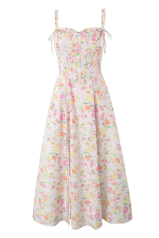 Redefining Women's Style Pink Floral Print Long Dress with Boning