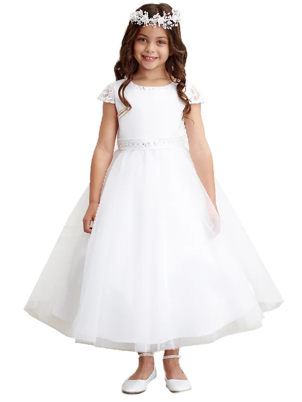 Flash Sale Online Big Girls White Cape Sleeve Pearl Waist Communion Dress 8-18