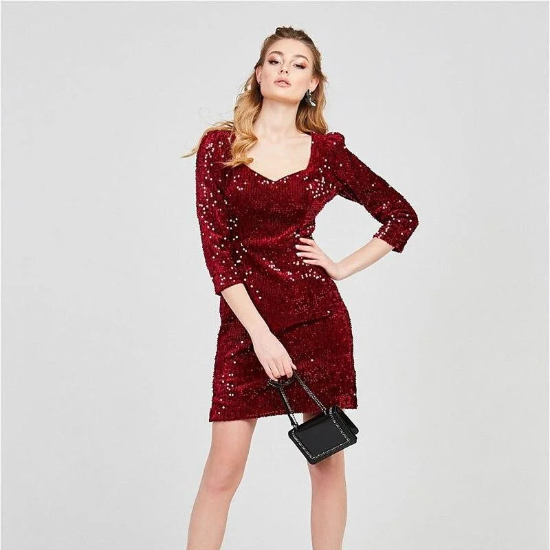 Sophisticated Outfits FashionSierra - Sexy Square Collar Three Quarter Sleeve Sequin Mini Dress