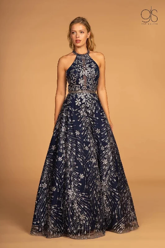 Casual Chic Prom Long Halter Neck Glitter Print Dress Ball Gown