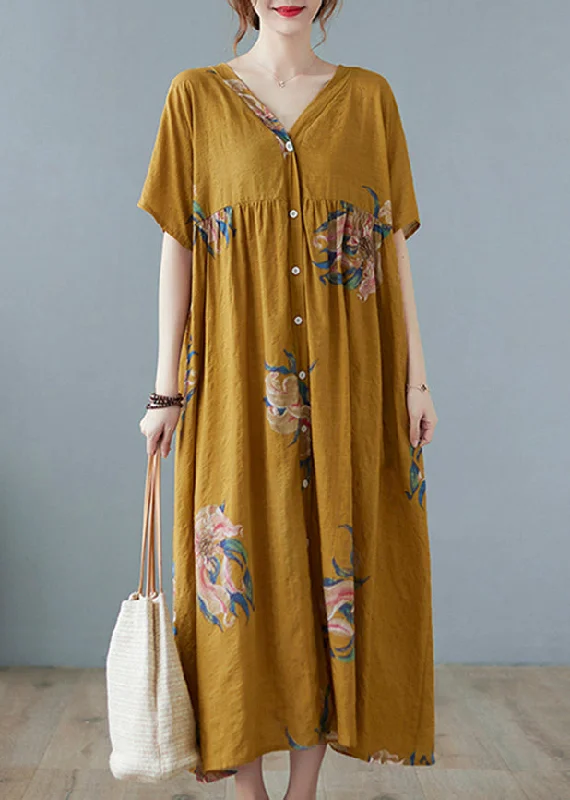Limited-Time Weekend Offers Yellow Loose Holiday Dresses Button Short Sleeve