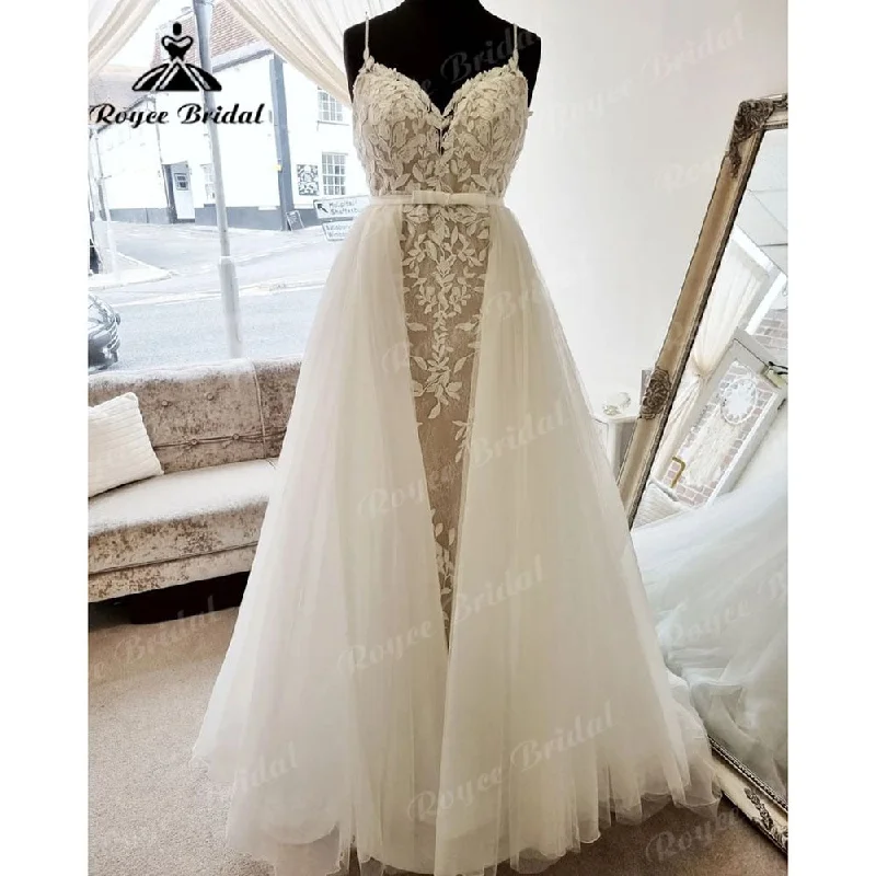 Casual Chic for Women Roycebridal Vintage Mermaid/Trumpet Lace Appliques V Neck Spaghetti Straps Wedding Dress with Detachable Train vestidos Sexy