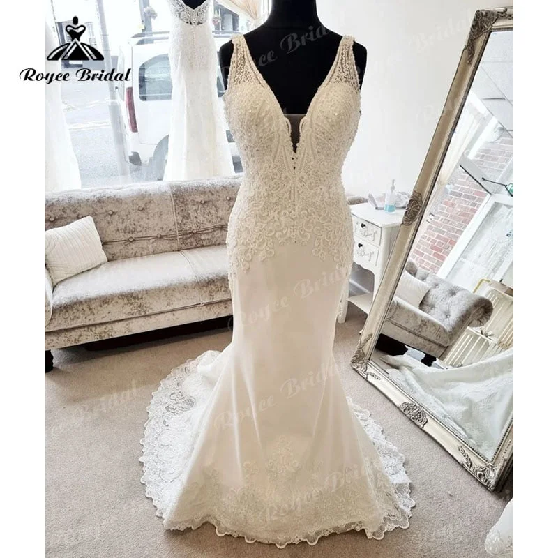 Flash Sale Clothing Roycebridal Sexy V Neck Cut-out Lace Appliques Sleeveless Mermaid/Trumpet Wedding Dress 2025 Robe Bridal Beach Wedding Gowns for Women