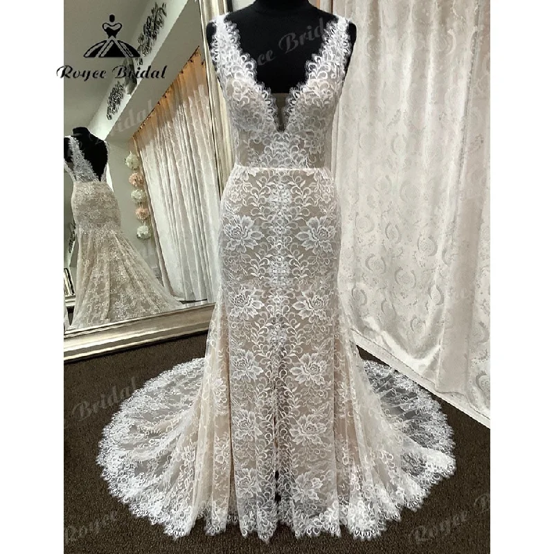 Clothes For Woman Roycebridal Vintage Lace Backless Mermaid/Trumpet Boho Champagne lining Wedding Dress for Women Bridal Gown vestido de boda corte sirena