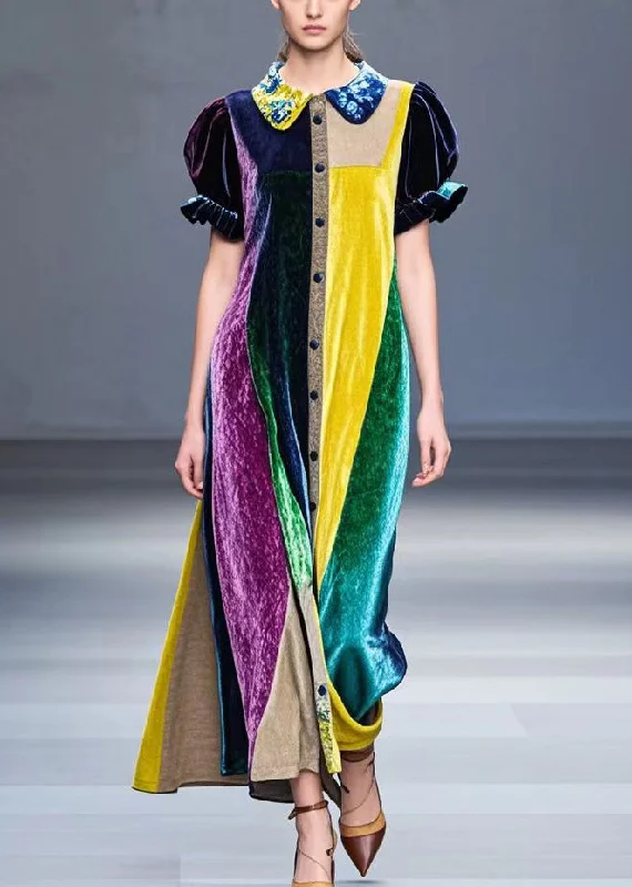 Limited Edition Bohemian Colorblock Peter Pan Collar Patchwork Silk Velvet Robe Dresses Fall Limited Edition Bohemian Colorblock Peter Pan Collar Patchwork Silk Velvet Robe Dresses Fall