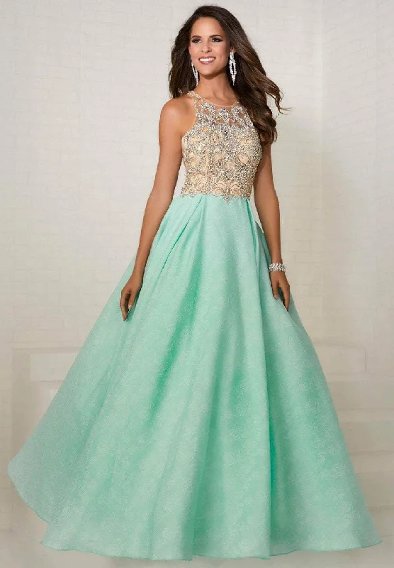 Women Clothing Tiffany Designs - Jeweled Illusion Halter Brocade Ballgown 16289 - 1 pc Nude/Aqua In Size 4 Available