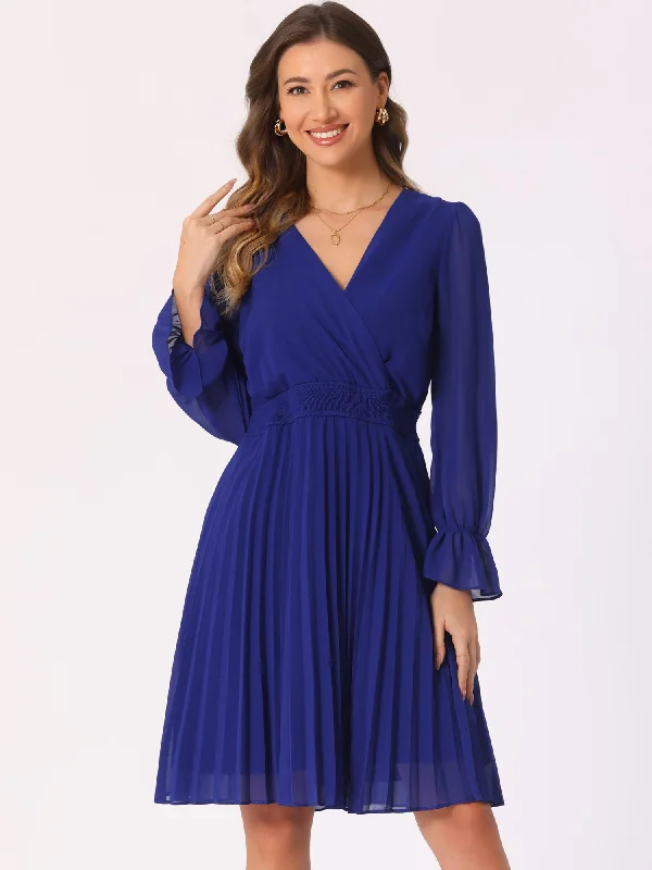 Versatile Women’s Clothing for All Occasions V Neck Smocked Long Sleeve Pleated Midi Dress