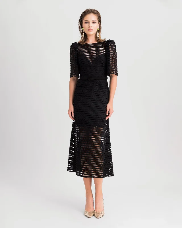 Big Sale Event Puffed Shoulders Crochet Midi Dress