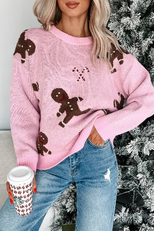 Your Timeless Wardrobe Awaits Christmas Sweets Gingerbread Man Sweater (Pink)