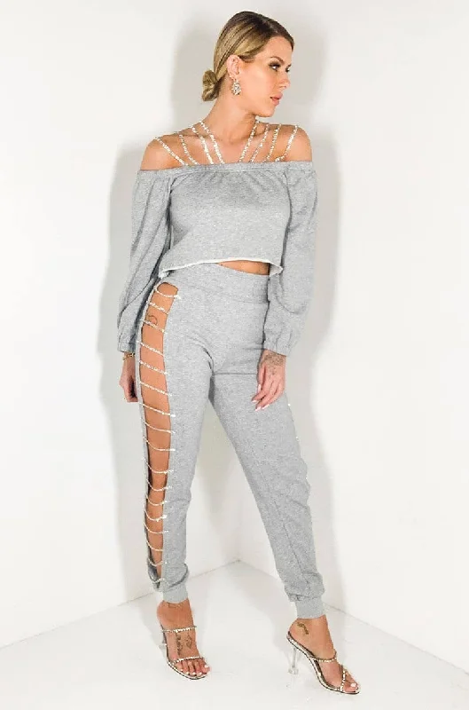 Wardrobe Update STOP CALLIN ME RHINESTONE JOGGER HEATHER GREY